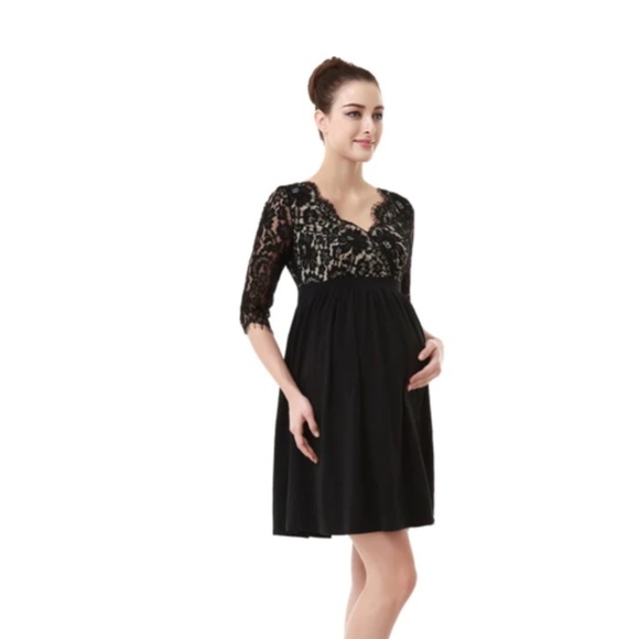 Momo Maternity Lace V-Neck Empire Waist Dress - Medium/Black NWT - Picture 2 of 6